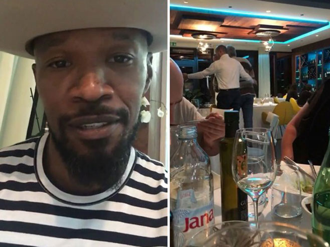 Џејми Фокс у ресторану (лијево) и два пијана госта које удаљују од његовог стола (Фото: Instagram) - 